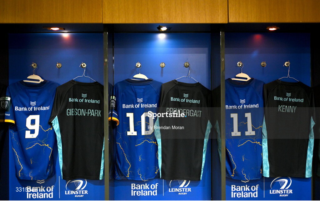 3 January 2026; The jerseys of Leinster players, from left, Jamison Gibson-Park, Sam Prendergast and Joshua Kenny in the Leinster dressingroom before the United Rugby Championship match between Leinster and Connacht at Aviva Stadium in Dublin. Photo by Brendan Moran/Sportsfile