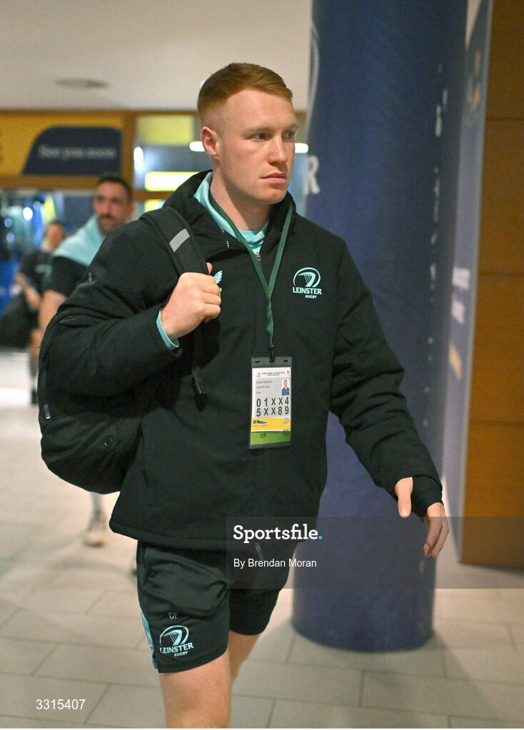 3 January 2026; Ciarán Frawley of Leinster arrives for the United Rugby Championship match between Leinster and Connacht at Aviva Stadium in Dublin. Photo by Brendan Moran/Sportsfile