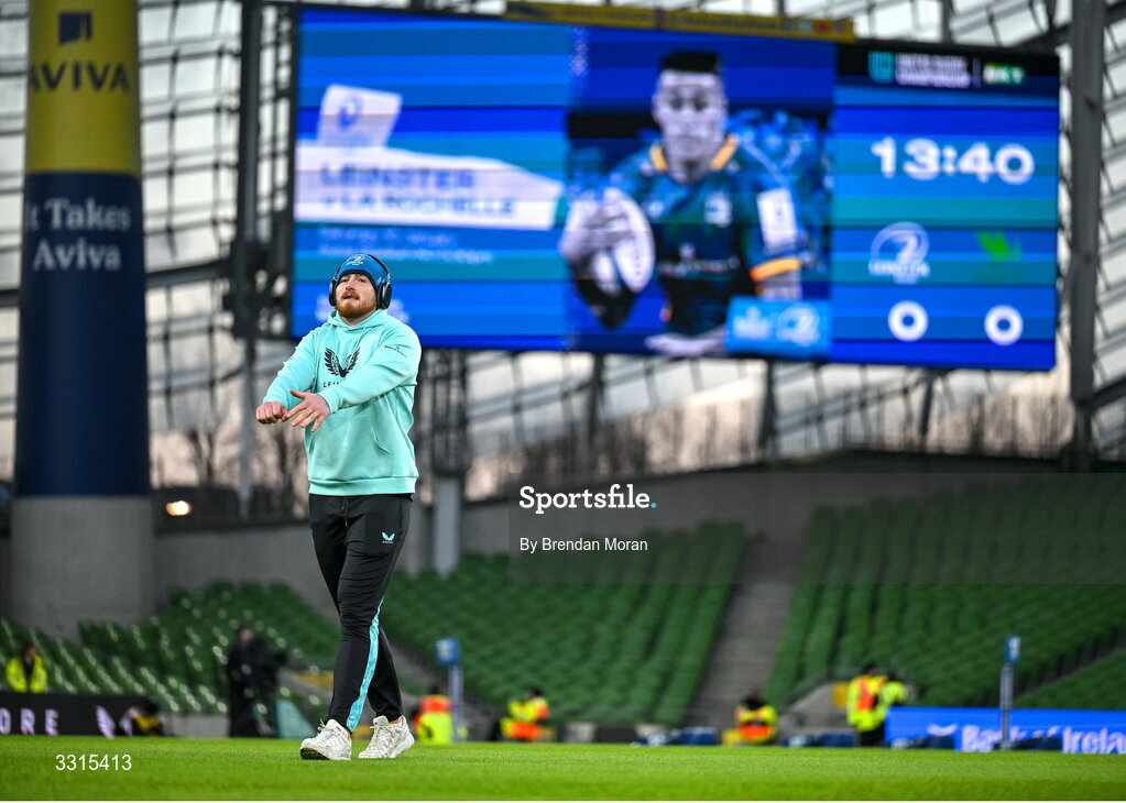 3 January 2026; Joe McCarthy of Leinster walks the pitch before the United Rugby Championship match between Leinster and Connacht at Aviva Stadium in Dublin. Photo by Brendan Moran/Sportsfile