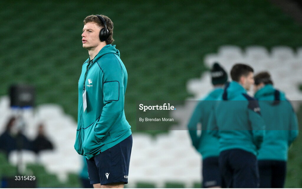 3 January 2026; Cian Prendergast of Connacht walks the pitch before the United Rugby Championship match between Leinster and Connacht at Aviva Stadium in Dublin. Photo by Brendan Moran/Sportsfile