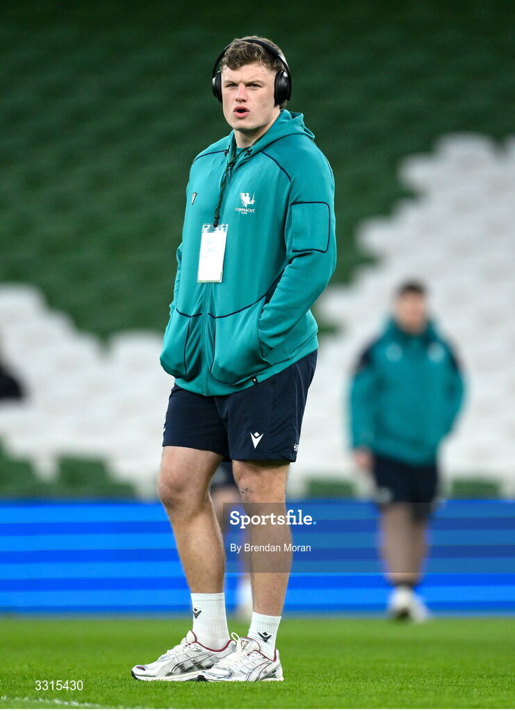 3 January 2026; Cian Prendergast of Connacht walks the pitch before the United Rugby Championship match between Leinster and Connacht at Aviva Stadium in Dublin. Photo by Brendan Moran/Sportsfile