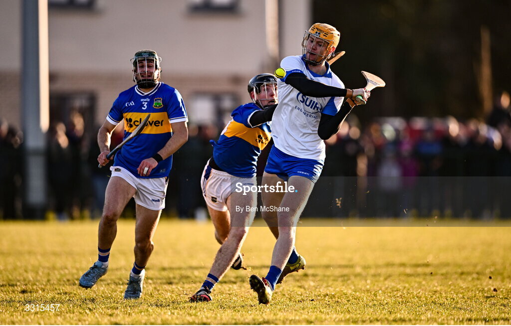 3 January 2026; Sean Walsh of Waterford in action against Josh Keller of Tipperary during the Co-Op Superstores Munster Senior Hurling League match between Tipperary and Waterford at Fethard Town Park in Fethard, Tipperary. Photo by Ben McShane/Sportsfile