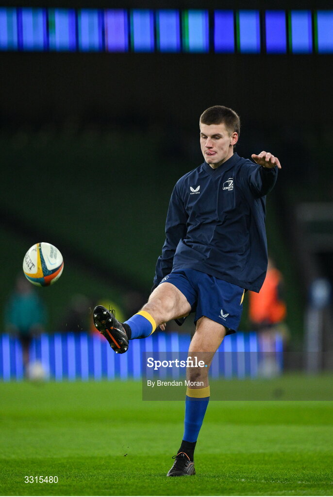 3 January 2026; Sam Prendergast of Leinster warms up before the United Rugby Championship match between Leinster and Connacht at the Aviva Stadium in Dublin. Photo by Brendan Moran/Sportsfile