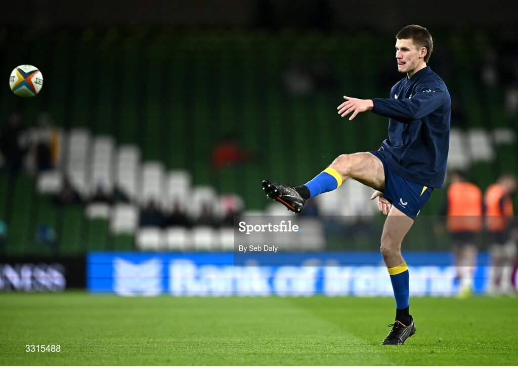 3 January 2026; Sam Prendergast of Leinster warms up before the United Rugby Championship match between Leinster and Connacht at the Aviva Stadium in Dublin. Photo by Seb Daly/Sportsfile