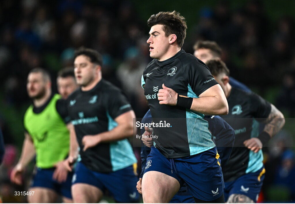3 January 2026; Leinster captain Dan Sheehan leads his side in the warm up before the United Rugby Championship match between Leinster and Connacht at the Aviva Stadium in Dublin. Photo by Seb Daly/Sportsfile
