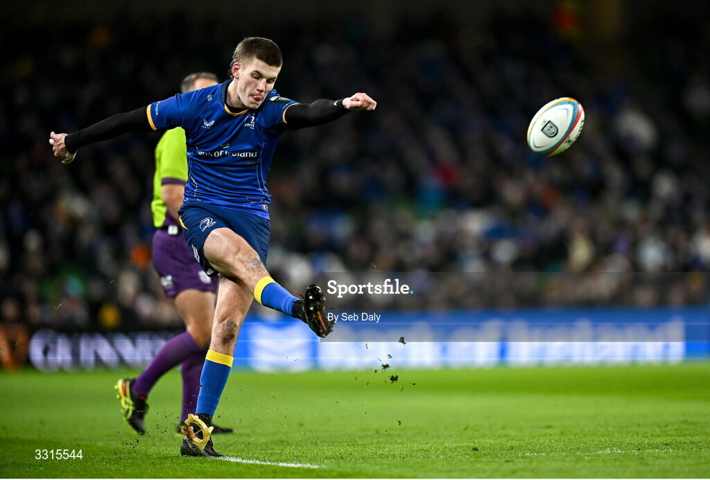 3 January 2026; Sam Prendergast of Leinster kicks a conversion during the United Rugby Championship match between Leinster and Connacht at the Aviva Stadium in Dublin. Photo by Seb Daly/Sportsfile