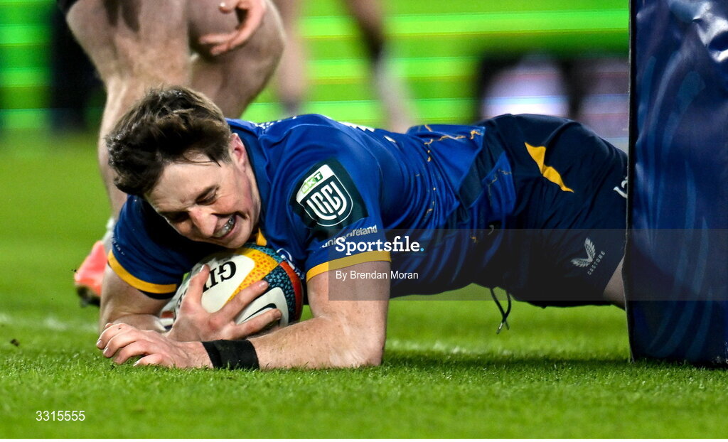 3 January 2026; Charlie Tector of Leinster scores his side's second try during the United Rugby Championship match between Leinster and Connacht at Aviva Stadium in Dublin. Photo by Brendan Moran/Sportsfile