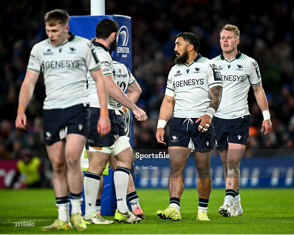 3 January 2026; Bundee Aki, second from right, and Connacht team-mates after his side conceded a second try during the United Rugby Championship match between Leinster and Connacht at the Aviva Stadium in Dublin. Photo by Seb Daly/Sportsfile