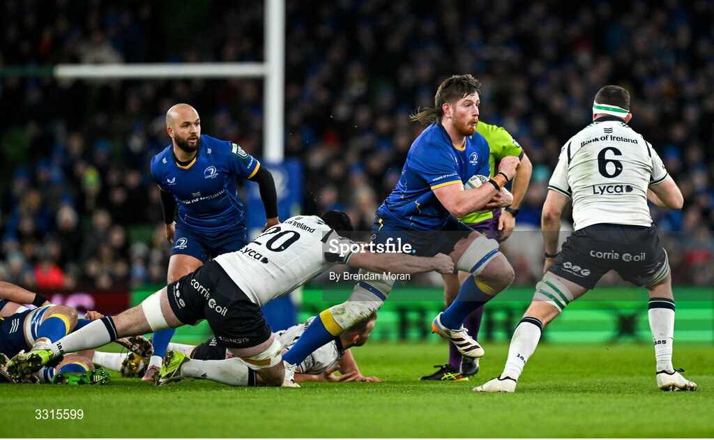 3 January 2026; Joe McCarthy of Leinster is tackled by Paul Boyle of Connacht during the United Rugby Championship match between Leinster and Connacht at Aviva Stadium in Dublin. Photo by Brendan Moran/Sportsfile