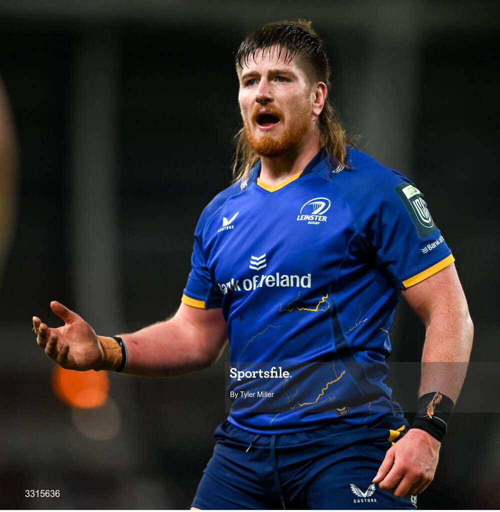 3 January 2026; Joe McCarthy of Leinster reacts after being shown a yellow card during the United Rugby Championship match between Leinster and Connacht at the Aviva Stadium in Dublin. Photo by Tyler Miller/Sportsfile