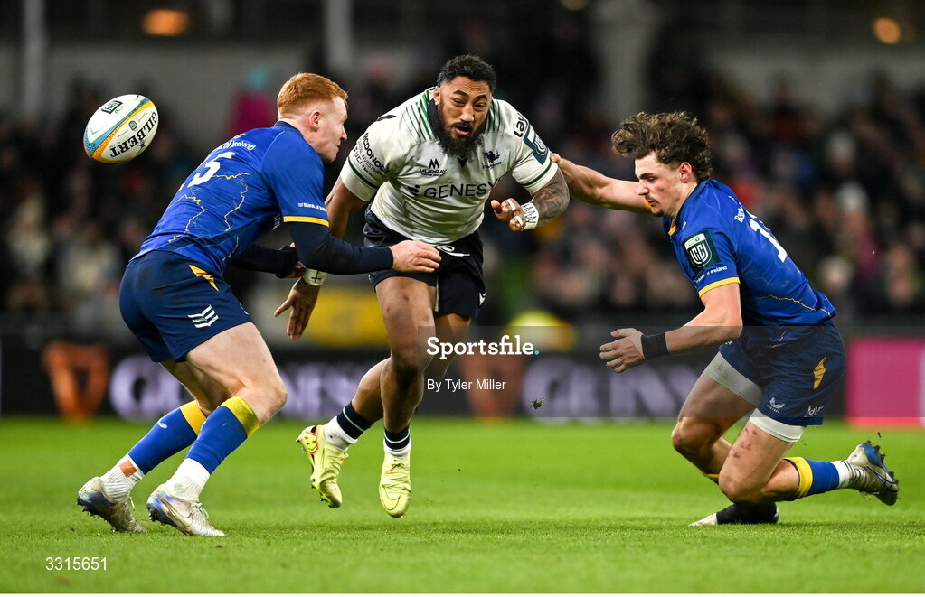 3 January 2026; Bundee Aki of Connacht in action against Ciarán Frawley, left, and Joshua Kenny of Leinster during the United Rugby Championship match between Leinster and Connacht at the Aviva Stadium in Dublin. Photo by Tyler Miller/Sportsfile