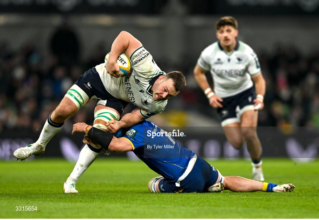 3 January 2026; David O’Connor of Connacht is tackled by Will Connors of Leinster during the United Rugby Championship match between Leinster and Connacht at the Aviva Stadium in Dublin. Photo by Tyler Miller/Sportsfile