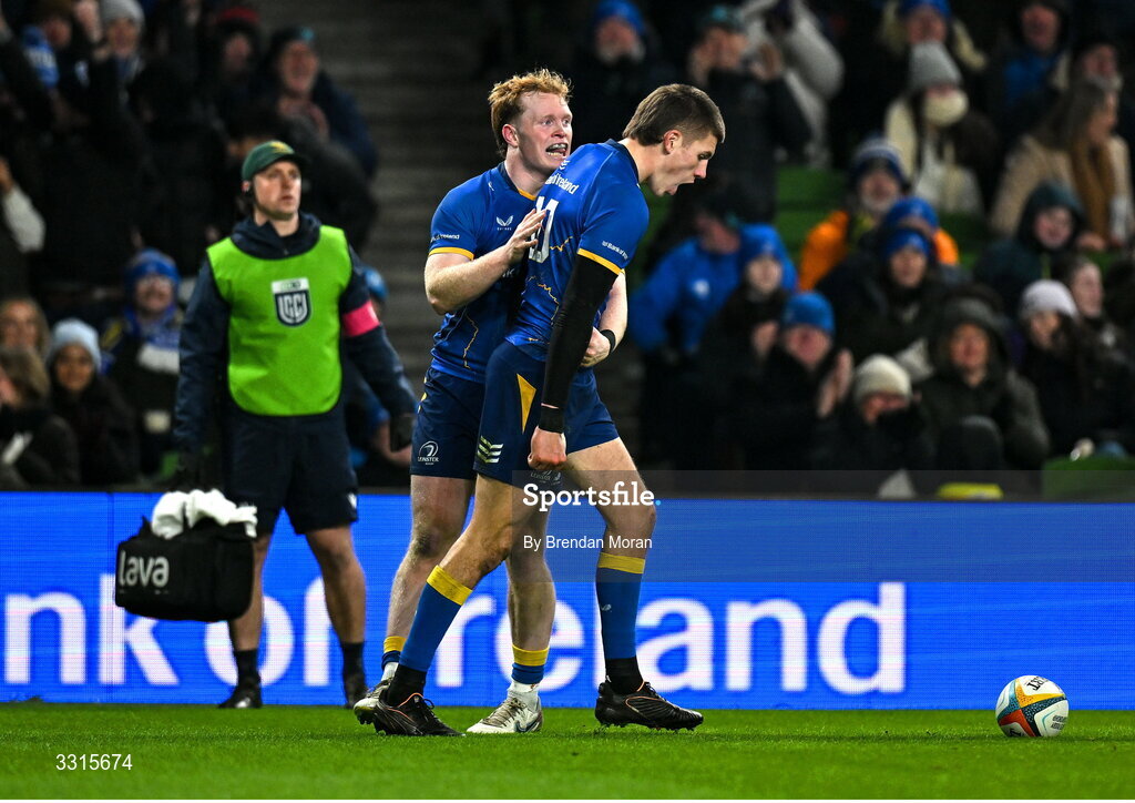 3 January 2026; Sam Prendergast, right, celebrates with his Leinster team-mate Hugh Cooney after scoring his side's third try during the United Rugby Championship match between Leinster and Connacht at Aviva Stadium in Dublin. Photo by Brendan Moran/Sportsfile