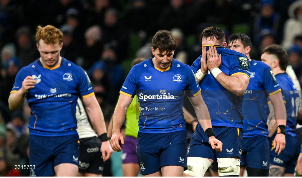 3 January 2026; Jack Conan, right, and Leinster team-mates after their side conceded a second try during the United Rugby Championship match between Leinster and Connacht at the Aviva Stadium in Dublin. Photo by Tyler Miller/Sportsfile