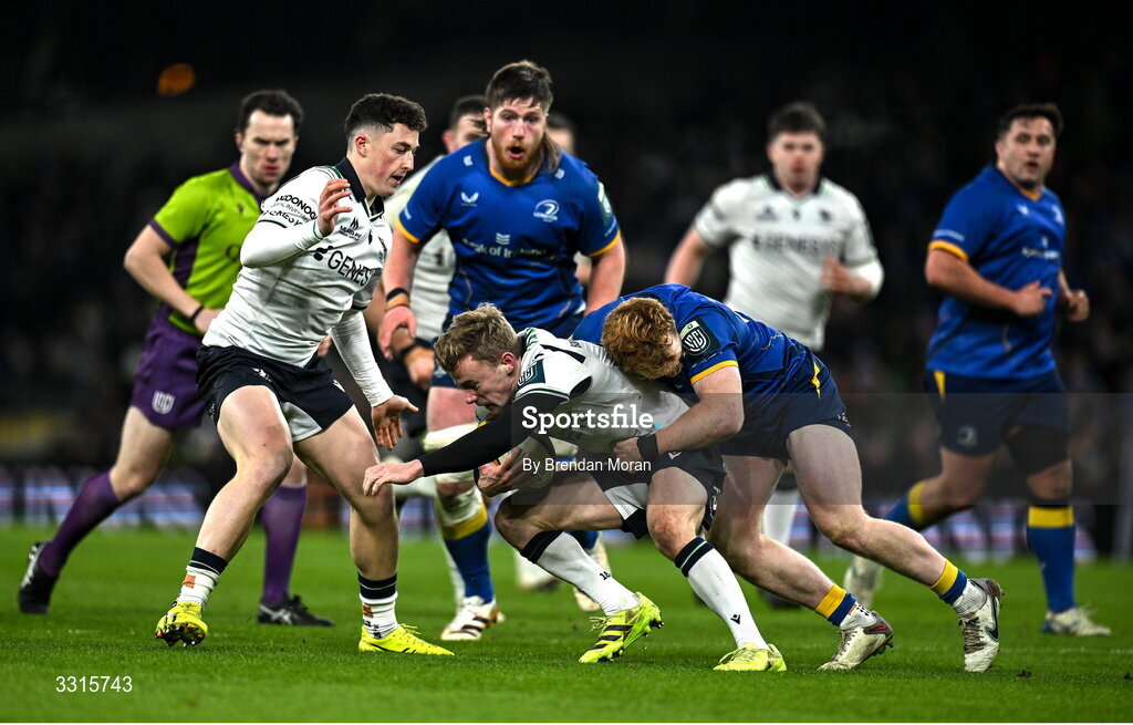 3 January 2026; Ben Murphy of Connacht is tackled by Hugh Cooney of Leinster during the United Rugby Championship match between Leinster and Connacht at Aviva Stadium in Dublin. Photo by Brendan Moran/Sportsfile