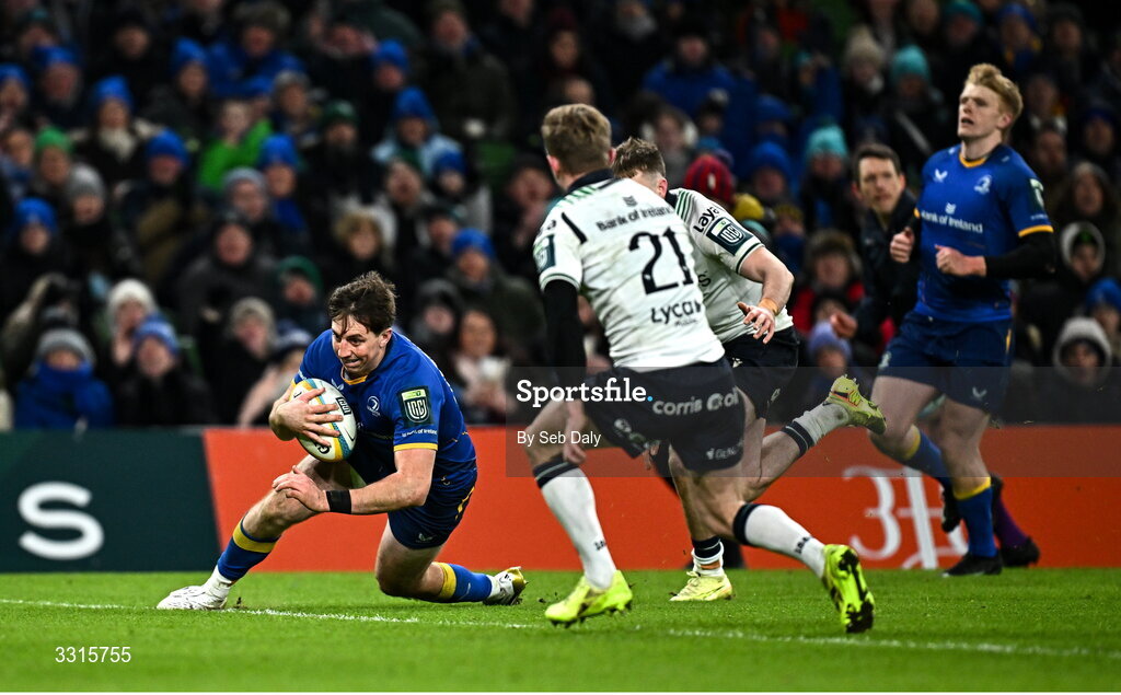 3 January 2026; Charlie Tector of Leinster scores his side's sixth try during the United Rugby Championship match between Leinster and Connacht at the Aviva Stadium in Dublin. Photo by Seb Daly/Sportsfile