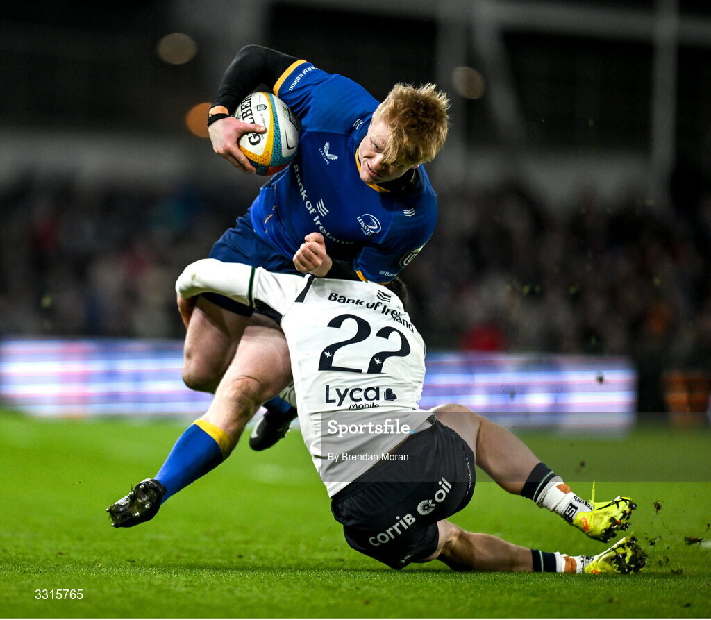 3 January 2026; Tommy O'Brien of Leinster is tackled by Harry West of Connacht during the United Rugby Championship match between Leinster and Connacht at Aviva Stadium in Dublin. Photo by Brendan Moran/Sportsfile