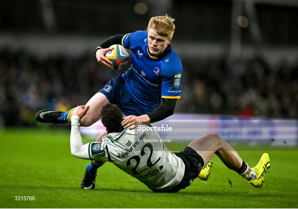 3 January 2026; Tommy O'Brien of Leinster is tackled by Harry West of Connacht during the United Rugby Championship match between Leinster and Connacht at Aviva Stadium in Dublin. Photo by Brendan Moran/Sportsfile
