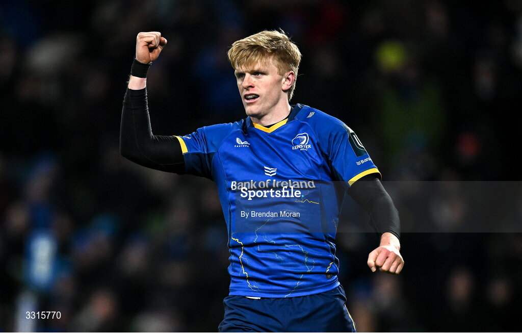 3 January 2026; Tommy O'Brien of Leinster celebrates after scoring his side's seventh try during the United Rugby Championship match between Leinster and Connacht at Aviva Stadium in Dublin. Photo by Brendan Moran/Sportsfile