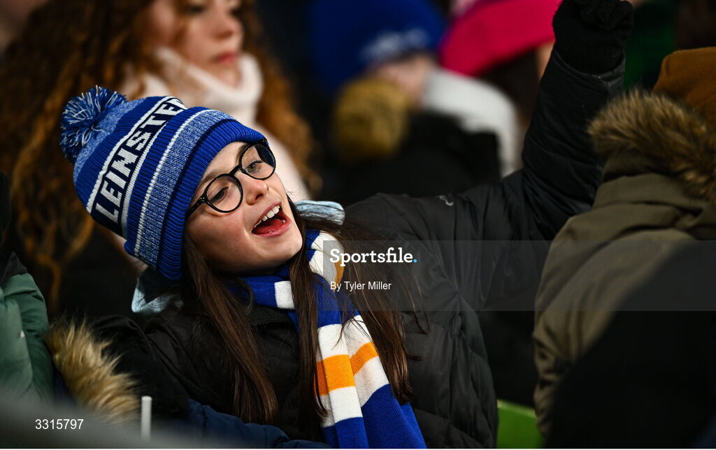 3 January 2026; A Leinster supporter during the United Rugby Championship match between Leinster and Connacht at the Aviva Stadium in Dublin. Photo by Tyler Miller/Sportsfile
