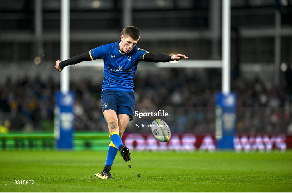 3 January 2026; Sam Prendergast of Leinster kicks a conversion during the United Rugby Championship match between Leinster and Connacht at Aviva Stadium in Dublin. Photo by Brendan Moran/Sportsfile