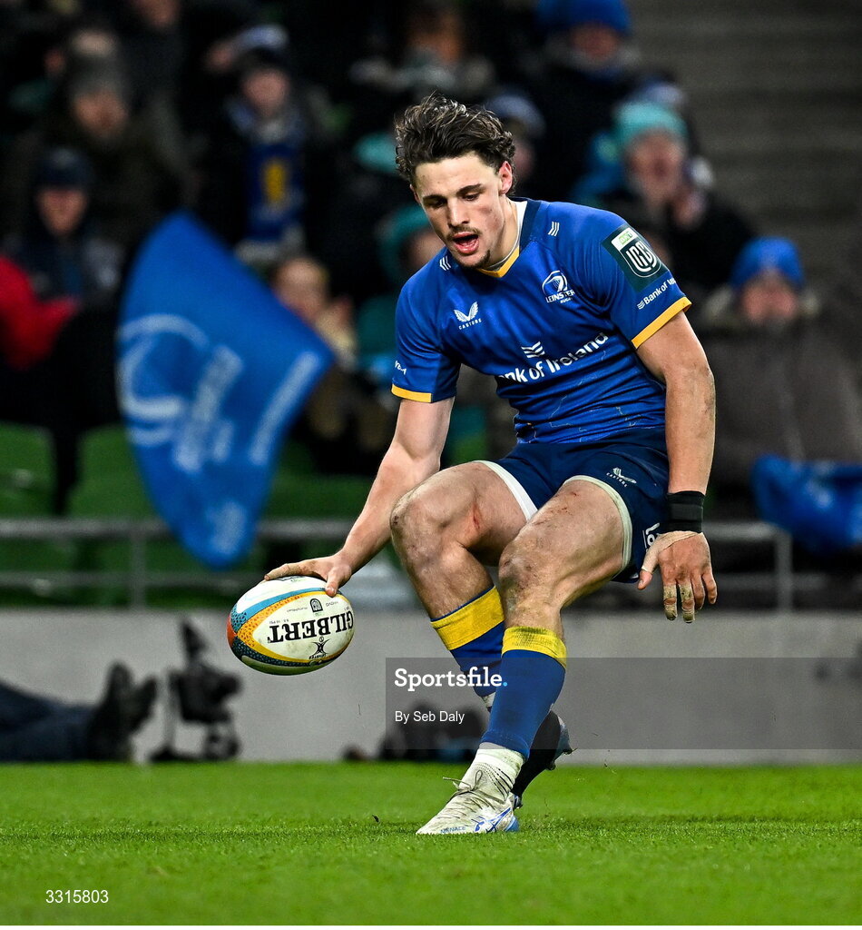 3 January 2026; Joshua Kenny of Leinster scores his side's eighth try during the United Rugby Championship match between Leinster and Connacht at the Aviva Stadium in Dublin. Photo by Seb Daly/Sportsfile