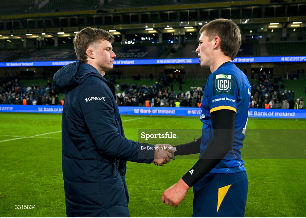 3 January 2026; Brothers Cian Prendergast of Connacht, left, and Sam Prendergast of Leinster after the United Rugby Championship match between Leinster and Connacht at Aviva Stadium in Dublin. Photo by Brendan Moran/Sportsfile