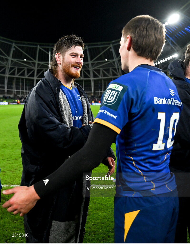 3 January 2026; Joe McCarthy, left, and Sam Prendergast of Leinster after the United Rugby Championship match between Leinster and Connacht at Aviva Stadium in Dublin. Photo by Brendan Moran/Sportsfile