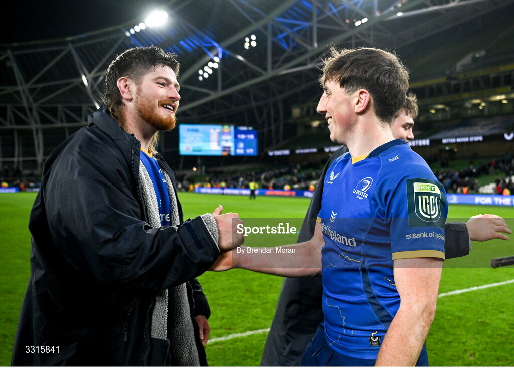 3 January 2026; Joe McCarthy, left, and Charlie Tector of Leinster after the United Rugby Championship match between Leinster and Connacht at Aviva Stadium in Dublin. Photo by Brendan Moran/Sportsfile