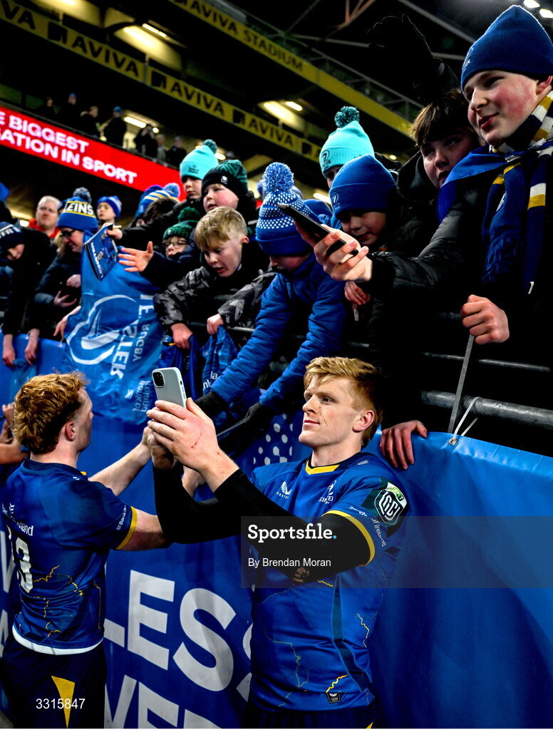 3 January 2026; Tommy O'Brien of Leinster takes a photograph with supporters after the United Rugby Championship match between Leinster and Connacht at Aviva Stadium in Dublin. Photo by Brendan Moran/Sportsfile