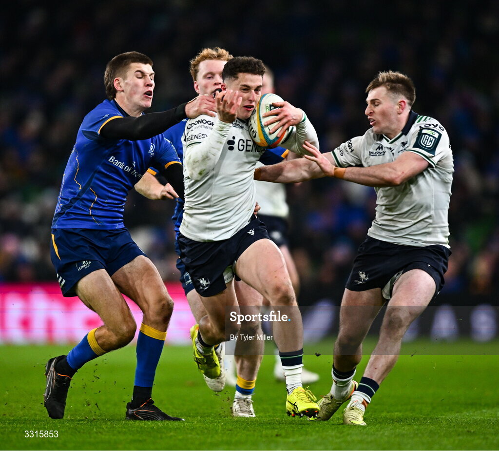 3 January 2026; Harry West of Connacht is tackled by Sam Prendergast of Leinster during the United Rugby Championship match between Leinster and Connacht at the Aviva Stadium in Dublin. Photo by Tyler Miller/Sportsfile
