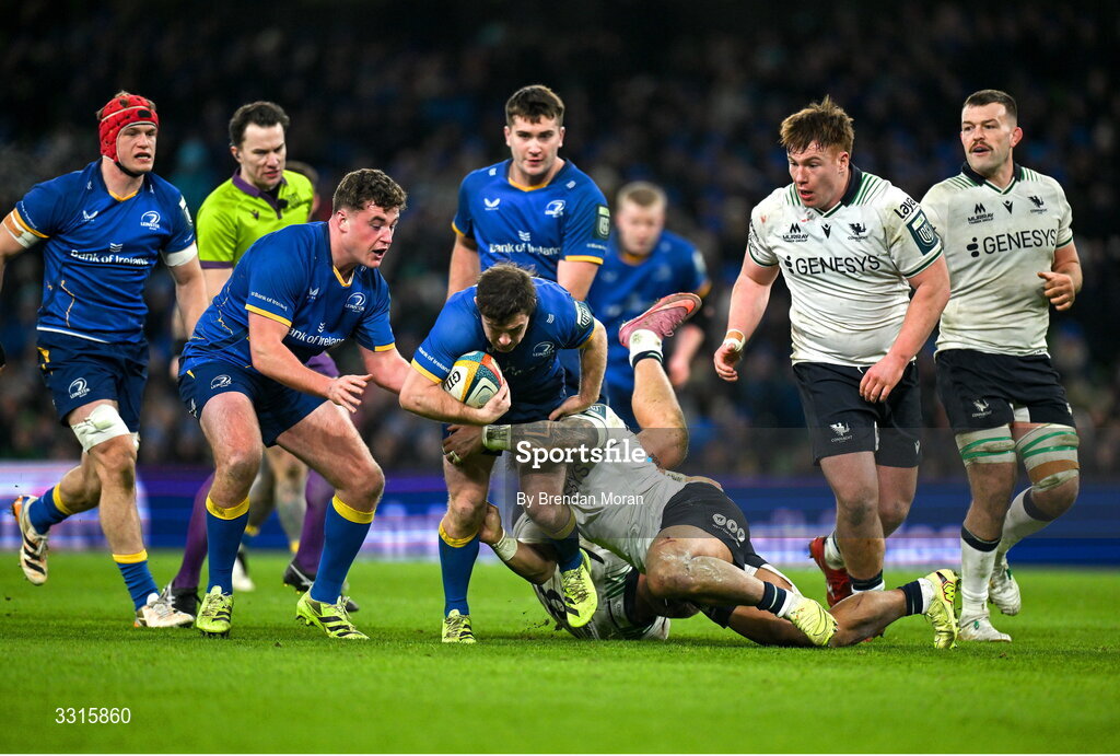 3 January 2026; Luke McGrath of Leinster is tackled by Bundee Aki of Connacht during the United Rugby Championship match between Leinster and Connacht at Aviva Stadium in Dublin. Photo by Brendan Moran/Sportsfile