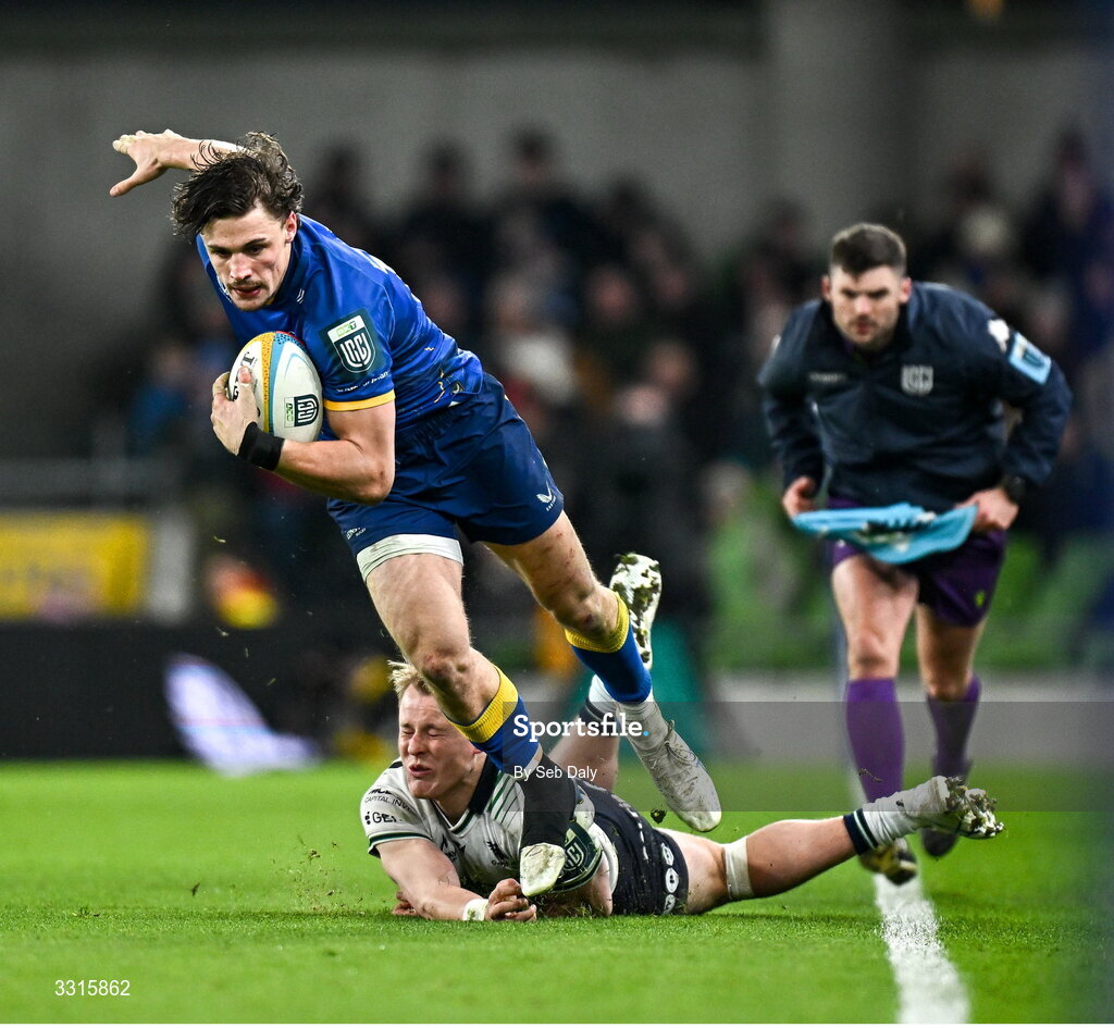 3 January 2026; Joshua Kenny of Leinster is tackled by Sam Gilbert of Connacht during the United Rugby Championship match between Leinster and Connacht at the Aviva Stadium in Dublin. Photo by Seb Daly/Sportsfile