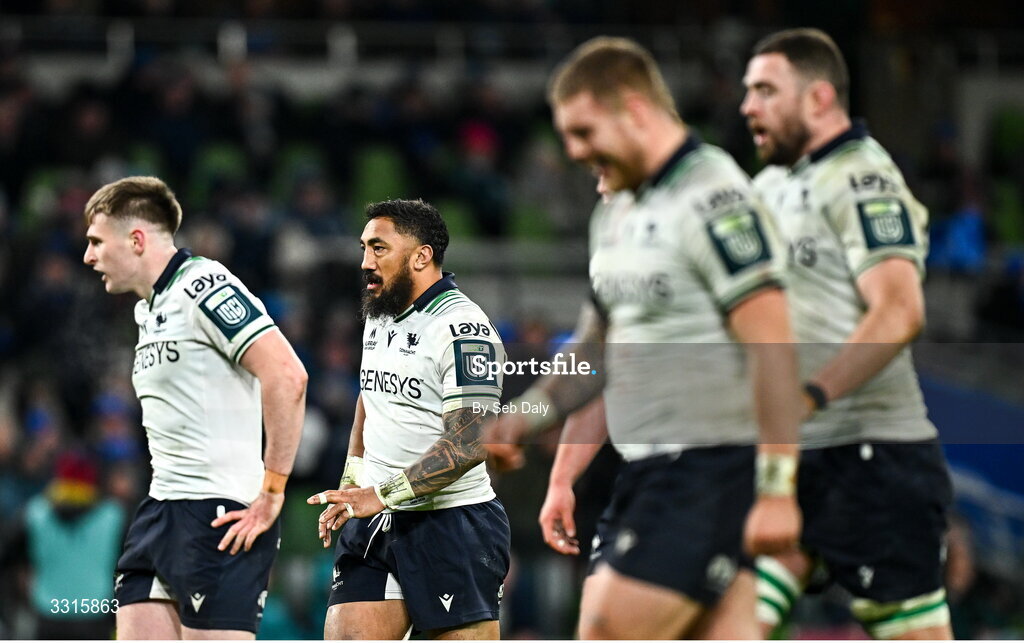 3 January 2026; Bundee Aki, second from left, and Connacht team-mates after their side conceded a seventh try during the United Rugby Championship match between Leinster and Connacht at the Aviva Stadium in Dublin. Photo by Seb Daly/Sportsfile