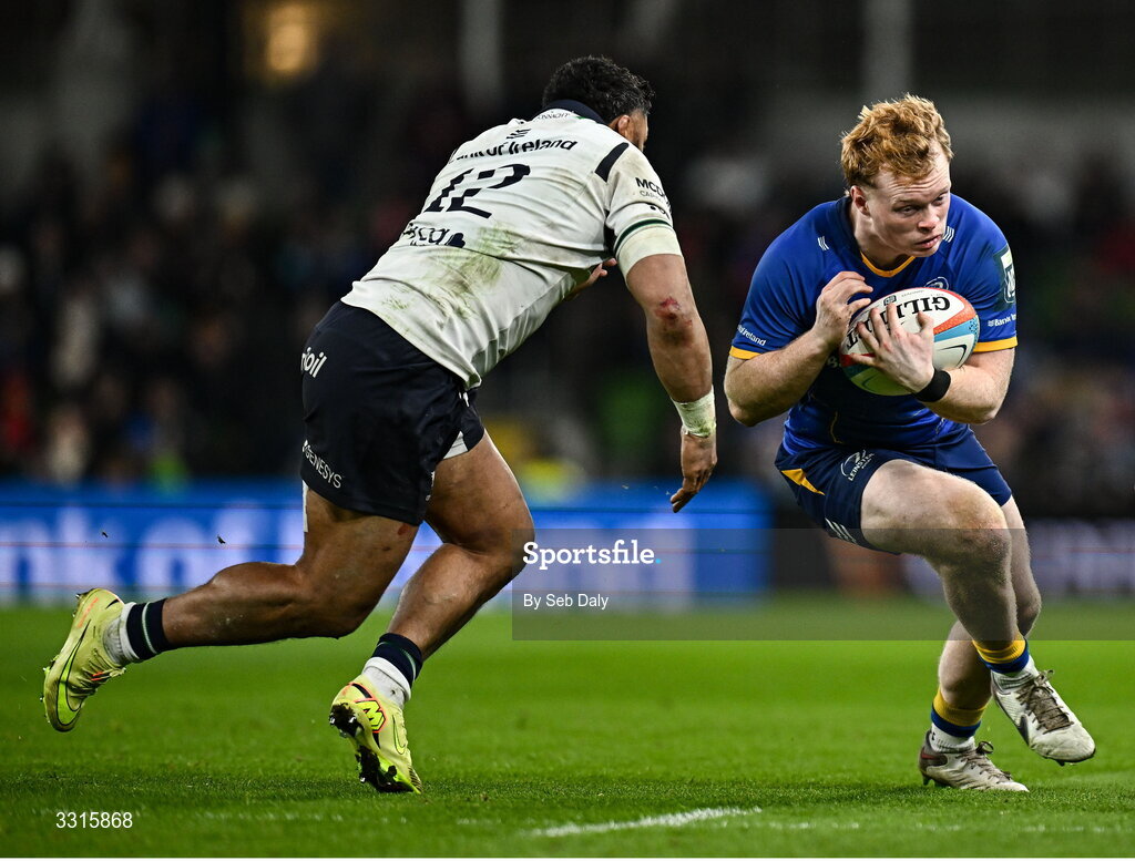 3 January 2026; Hugh Cooney of Leinster in action against Bundee Aki of Connacht during the United Rugby Championship match between Leinster and Connacht at the Aviva Stadium in Dublin. Photo by Seb Daly/Sportsfile