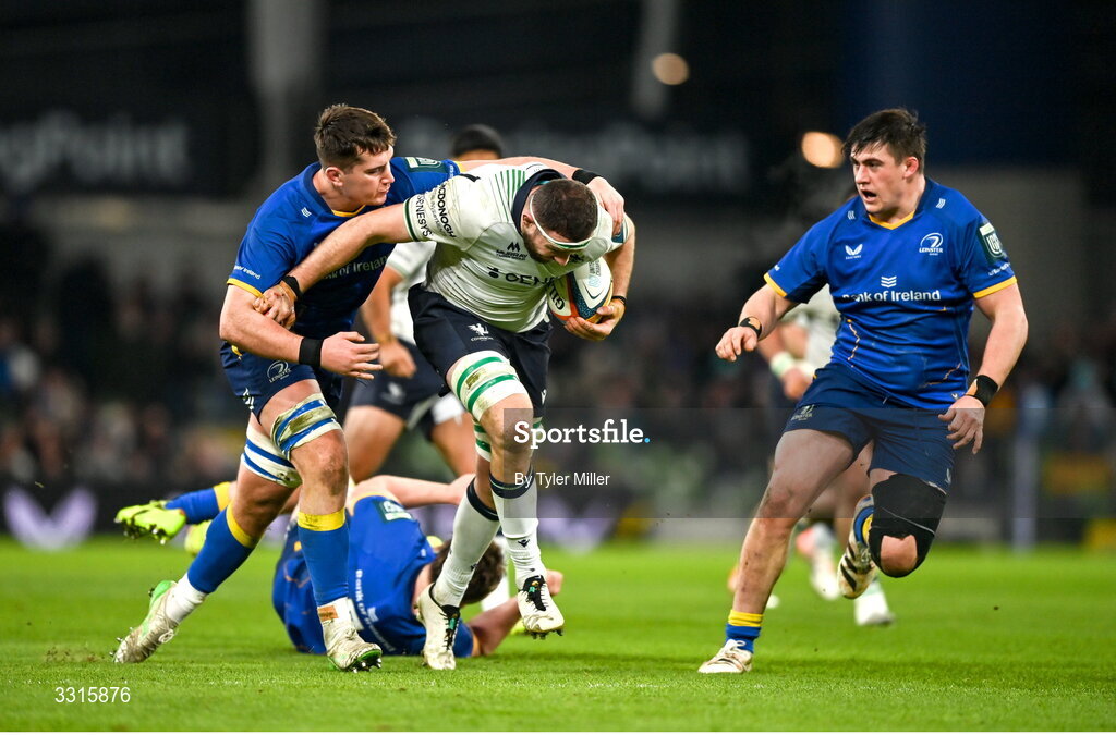 3 January 2026; Josh Murphy of Connacht in action against Brian Deeny of Leinster during the United Rugby Championship match between Leinster and Connacht at the Aviva Stadium in Dublin. Photo by Tyler Miller/Sportsfile