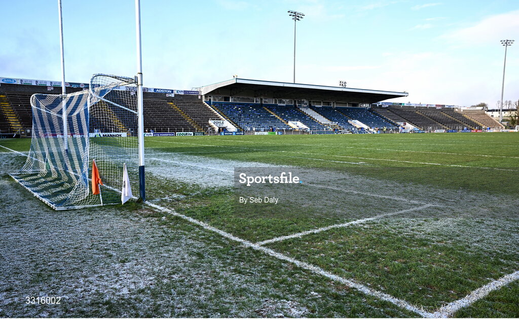 4 January 2026; A general view of the goal mouth and frost on the pitch before the AIB GAA Football All-Ireland Senior Club Championship semi-final match between between St Brigid's of Roscommon and Scotstown of Monaghan at Kingspan Breffni in Cavan. Photo by Seb Daly/Sportsfile