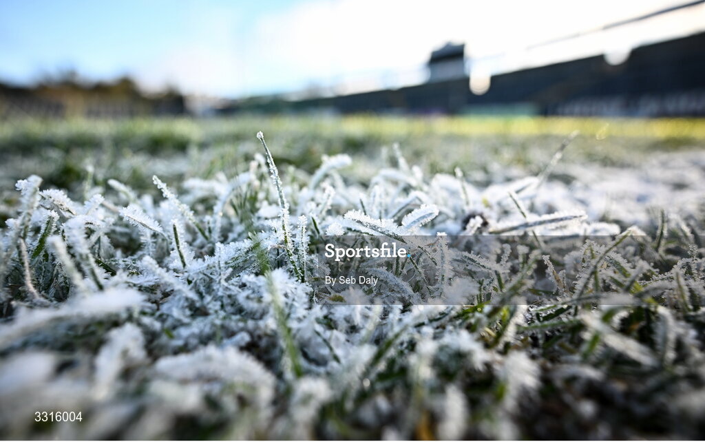 4 January 2026; A detailed view of frost on the pitch before the AIB GAA Football All-Ireland Senior Club Championship semi-final match between between St Brigid's of Roscommon and Scotstown of Monaghan at Kingspan Breffni in Cavan. Photo by Seb Daly/Sportsfile