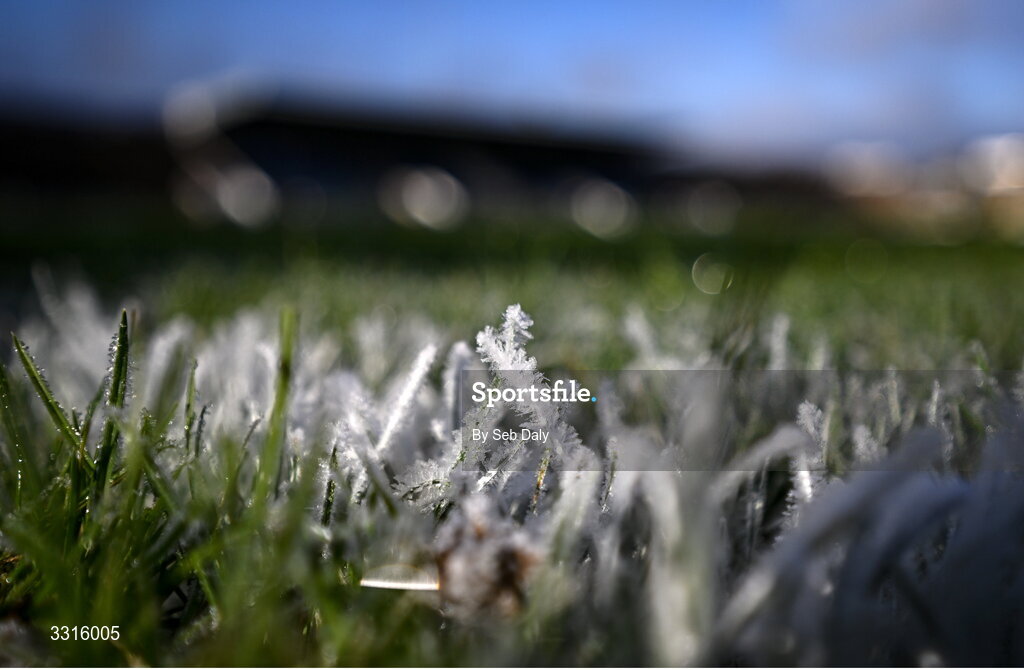 4 January 2026; A detailed view of frost on the pitch before the AIB GAA Football All-Ireland Senior Club Championship semi-final match between between St Brigid's of Roscommon and Scotstown of Monaghan at Kingspan Breffni in Cavan. Photo by Seb Daly/Sportsfile