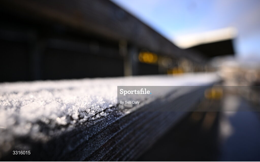 4 January 2026; A detailed view of frost on seating before the AIB GAA Football All-Ireland Senior Club Championship semi-final match between between St Brigid's of Roscommon and Scotstown of Monaghan at Kingspan Breffni in Cavan. Photo by Seb Daly/Sportsfile
