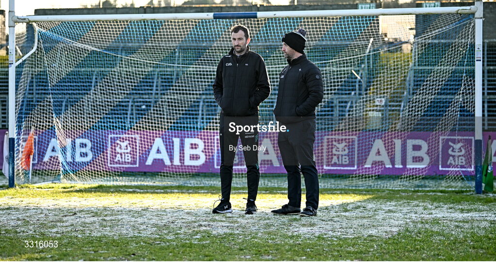 4 January 2026; Referee Brendan Cawley, right, and lineman Paul Faloon inspect the pitch conditions before the AIB GAA Football All-Ireland Senior Club Championship semi-final match between between St Brigid's of Roscommon and Scotstown of Monaghan at Kingspan Breffni in Cavan. Photo by Seb Daly/Sportsfile
