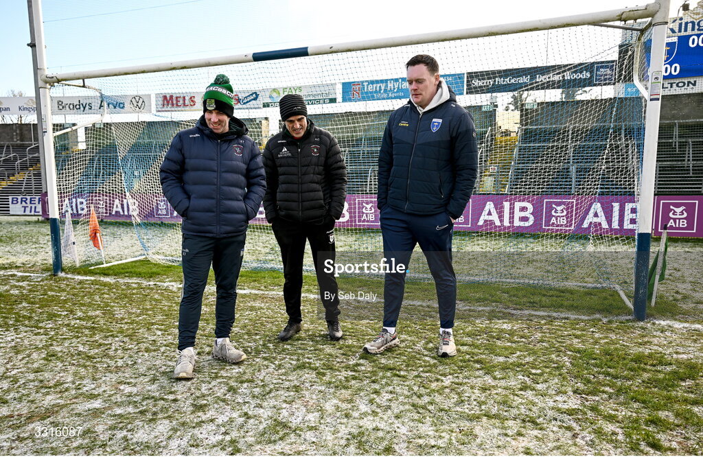 4 January 2026; St Brigid's manager Anthony Cunningham, centre, selector Evan Talty, left, and Scotstown goalkeeper Rory Beggan inspect the pitch before the AIB GAA Football All-Ireland Senior Club Championship semi-final match between between St Brigid's of Roscommon and Scotstown of Monaghan at Kingspan Breffni in Cavan. Photo by Seb Daly/Sportsfile