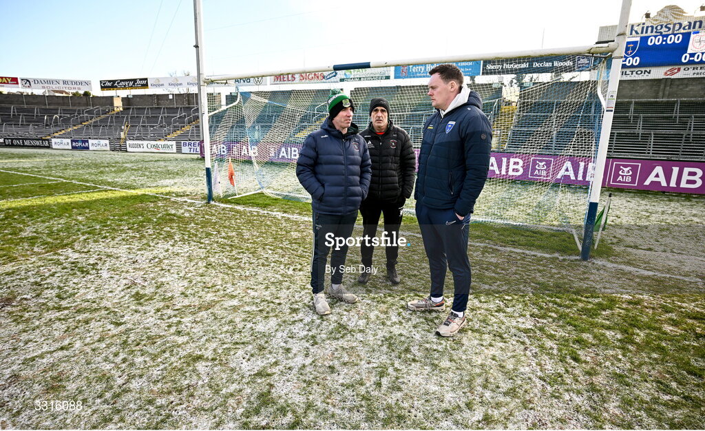 4 January 2026; St Brigid's manager Anthony Cunningham, centre, selector Evan Talty, left, and Scotstown goalkeeper Rory Beggan inspect the pitch before the AIB GAA Football All-Ireland Senior Club Championship semi-final match between between St Brigid's of Roscommon and Scotstown of Monaghan at Kingspan Breffni in Cavan. Photo by Seb Daly/Sportsfile