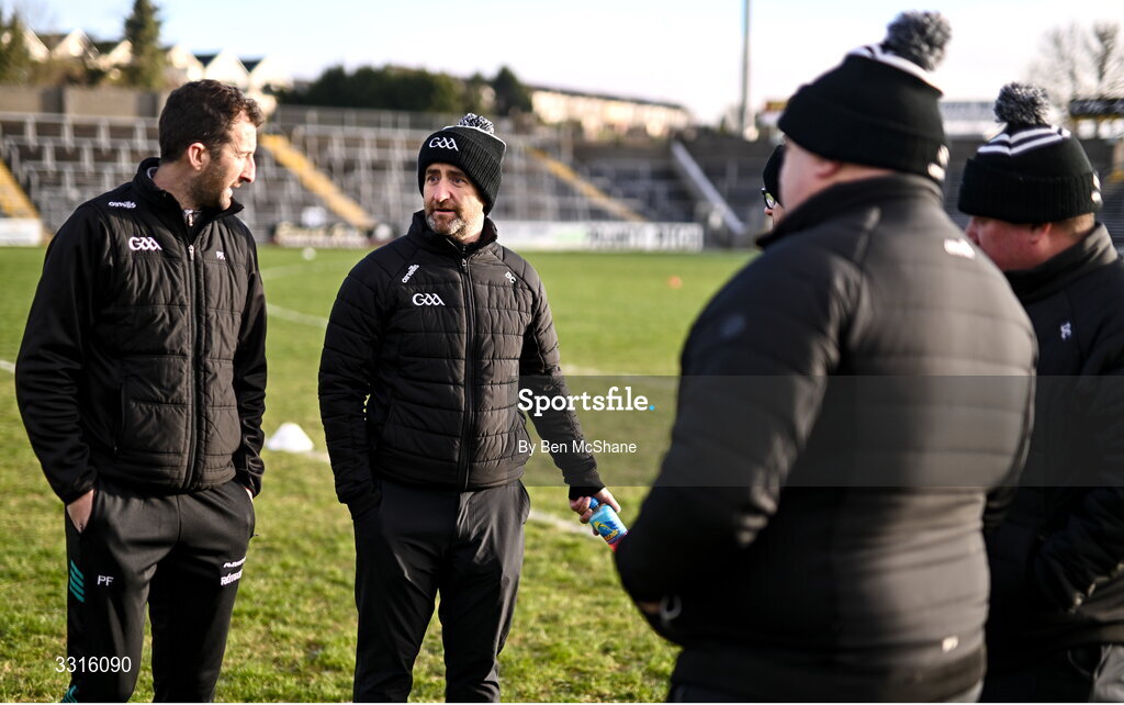 4 January 2026; Referee Brendan Cawley, centre, in conversation with his officials before the AIB GAA Football All-Ireland Senior Club Championship semi-final match between between St Brigid's of Roscommon and Scotstown of Monaghan at Kingspan Breffni in Cavan. Photo by Ben McShane/Sportsfile