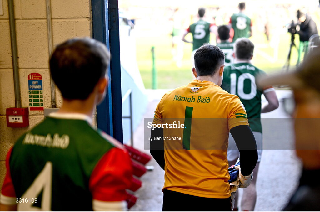 4 January 2026; St Brigid's players, including goalkeeper Conor Carroll, 1, makes their way on to the pitch before the AIB GAA Football All-Ireland Senior Club Championship semi-final match between between St Brigid's of Roscommon and Scotstown of Monaghan at Kingspan Breffni in Cavan. Photo by Ben McShane/Sportsfile