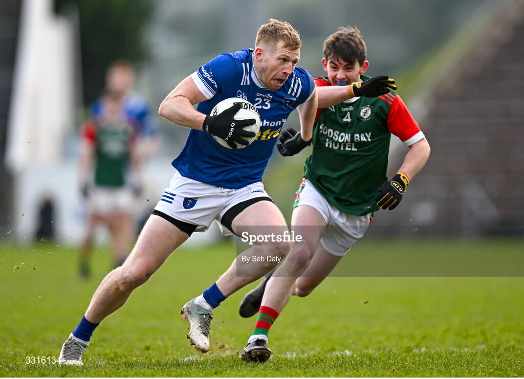 4 January 2026; Kieran Hughes of Scotstown in action against Robbie Dolan of St Brigid's during the AIB GAA Football All-Ireland Senior Club Championship semi-final match between between St Brigid's of Roscommon and Scotstown of Monaghan at Kingspan Breffni in Cavan. Photo by Seb Daly/Sportsfile
