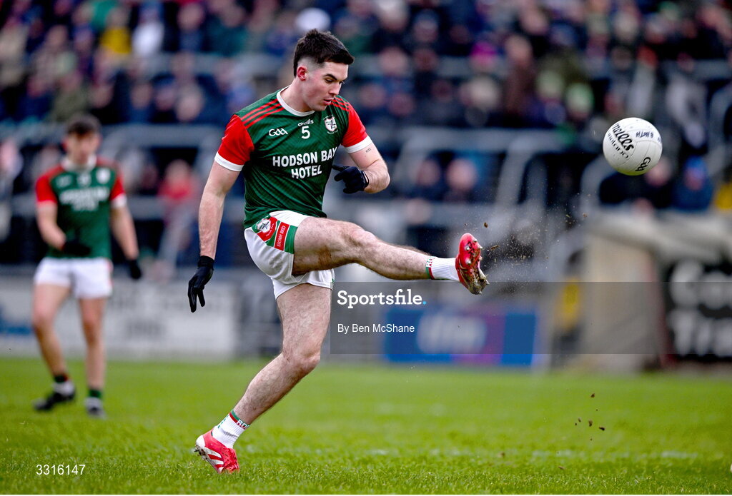 4 January 2026; Ruaidhrí Fallon of St Brigid's kicks a point during the AIB GAA Football All-Ireland Senior Club Championship semi-final match between between St Brigid's of Roscommon and Scotstown of Monaghan at Kingspan Breffni in Cavan. Photo by Ben McShane/Sportsfile