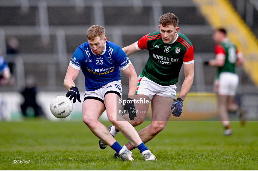 4 January 2026; Kieran Hughes of Scotstown in action against Mark Daly of St Brigid's during the AIB GAA Football All-Ireland Senior Club Championship semi-final match between between St Brigid's of Roscommon and Scotstown of Monaghan at Kingspan Breffni in Cavan. Photo by Ben McShane/Sportsfile