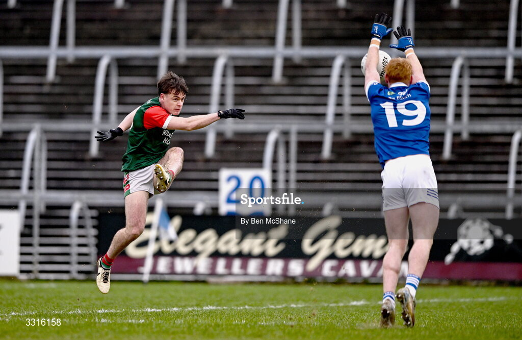 4 January 2026; Ben O'Carroll of St Brigid's has a shot on goal blocked by Ryan O'Toole of Scotstown during the AIB GAA Football All-Ireland Senior Club Championship semi-final match between between St Brigid's of Roscommon and Scotstown of Monaghan at Kingspan Breffni in Cavan. Photo by Ben McShane/Sportsfile