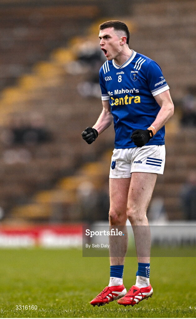 4 January 2026; Mícheál McCarville of Scotstown celebrates after kicking a point during the AIB GAA Football All-Ireland Senior Club Championship semi-final match between between St Brigid's of Roscommon and Scotstown of Monaghan at Kingspan Breffni in Cavan. Photo by Seb Daly/Sportsfile